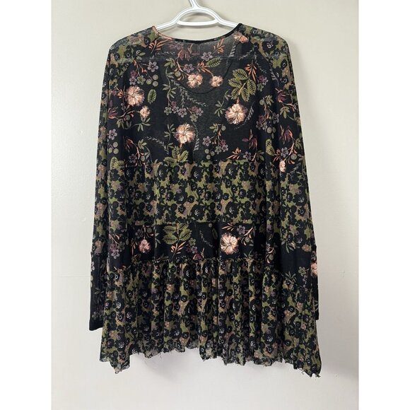 Free People Bella Black Floral Tunic S Babydoll Romantic Boho Peasant Flowy Tier - Picture 2 of 9